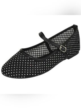 Black Mesh Ballet Flats Mary Janes with Rhinestones & Strap Women 9